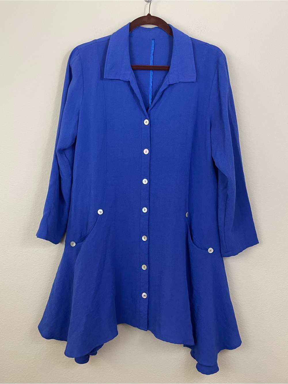 FRIDAZE Mediterranean Blue Linen Button-Front Asymmetrical Tunic- Jacket Size S